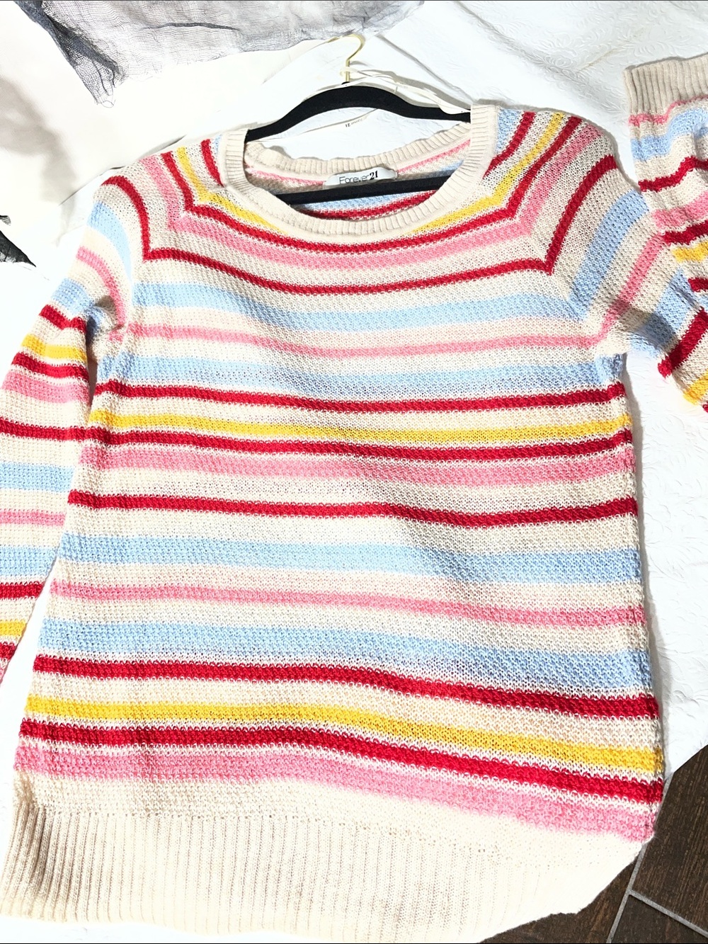 Forever 21 Cream Striped Crewneck Sweater with Pink Blue Yellow Accents